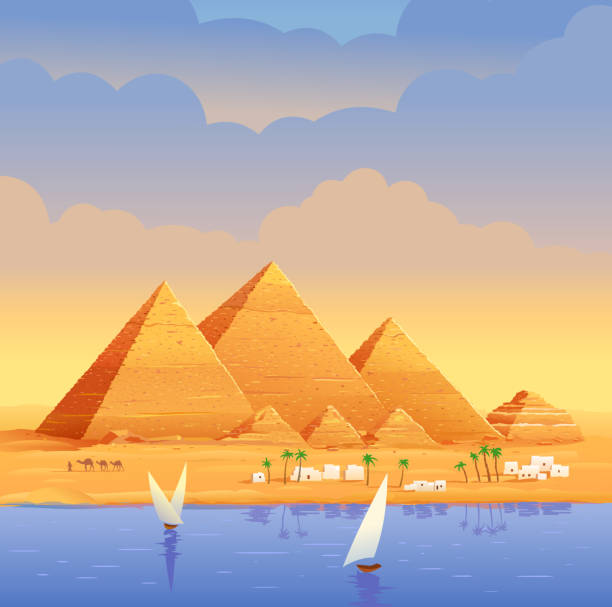 이집트의 피라미드. 강에서 저녁에 이집트 피라미드. 카이로의 치프 피라미드, 기자. 이집트 돌 구조. 저녁 일몰의 배경에 피라미드. 벡터 일러스트레이션 - inn history built structure architecture stock illustrations