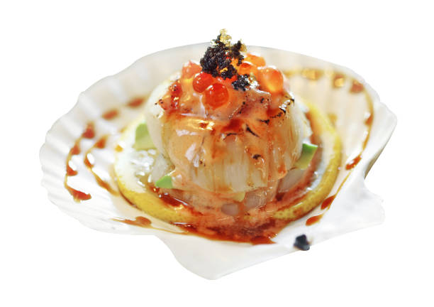 Japanese scallops grilled with butter isolated on white background