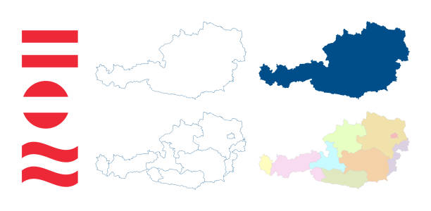 Austria map. Detailed blue outline and silhouette. Administrative divisions and nine states. Country flag. Set of vector maps. All isolated on white background. Template for design. Austria map. Detailed blue outline and silhouette. Administrative divisions and nine states. Country flag. Set of vector maps. All isolated on white background. Template for design and infographics. Austria stock illustrations