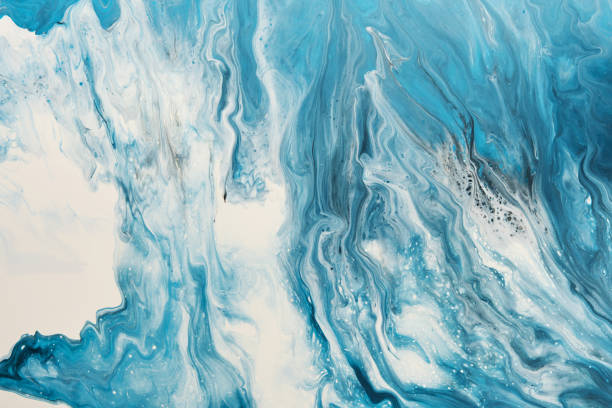istock Fluid Art. Liquid white and blue abstract paint drips and wave. Marble effect background or texture 1364895011