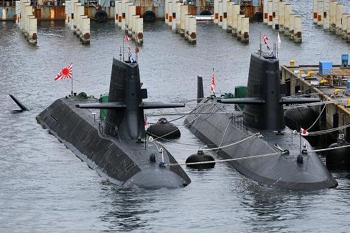 Japanese submarines moored at Yokosuka Port in Japan.