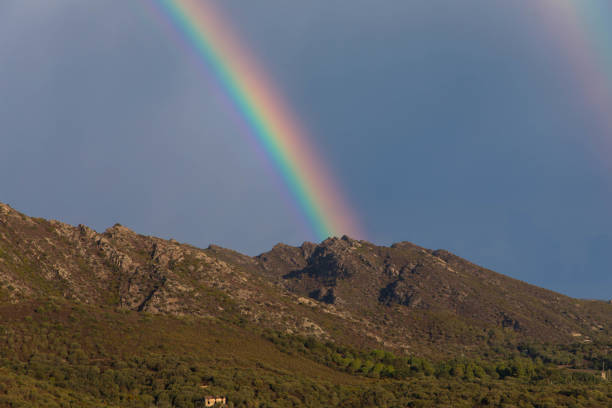Panorama view of full double rainbow with blue sky and mountain range in background. Near Saint Florent, Corsica. Place for text.