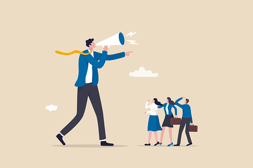 Dominant leader, bossy manager using authority power to order and control employee to work, contrast and conflict management concept, giant businessman manager using megaphone to order employee.
