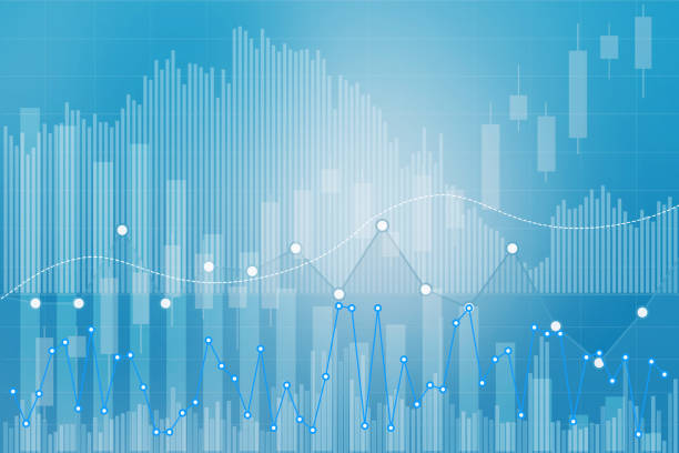 istock Creative finance graph on blue background with columns, lines, candlestick. Stock market and invest concept 1364898428
