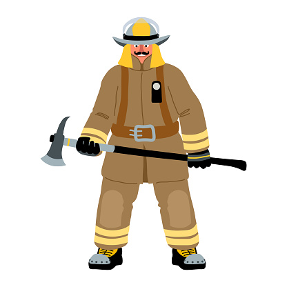 A brave firefighter in uniform and with an axe.   An experienced fire guard.