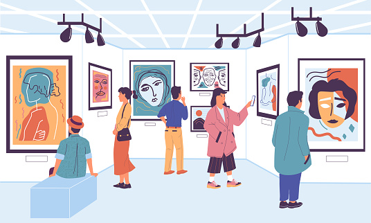 Art gallery. Cartoon people at museum exhibition looking at paintings and artworks, tourists on festival. Vector illustrations contemporary exposition visitors museum gallery art