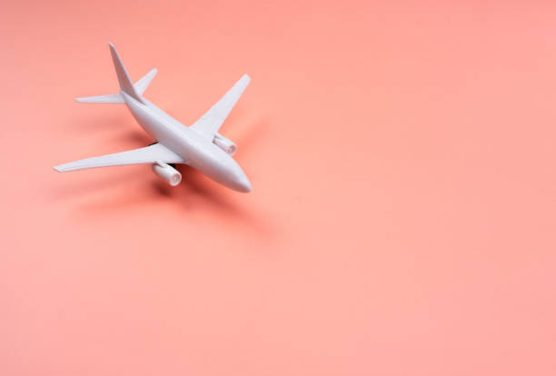 istock White clean Plane model on pastel pink color background with copy space, minimal style. White airplane, close up. Flight, travel concept. 1364902510