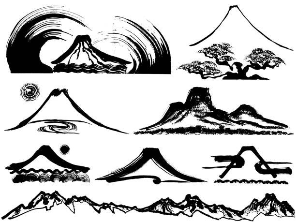 гора и вулканная гора. нарисованные вручную иллюстрации. - volcanic mountains stock illustrations