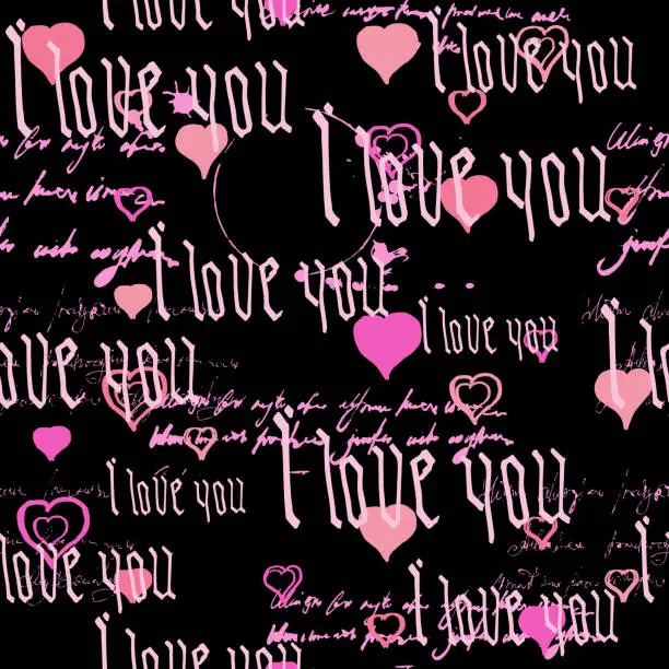 Vector illustration of Seamless pattern Gothic Text I love you, hand written words.Sketch, doodle, lettering, hearts, happy valentines day. Vector illustration pink background