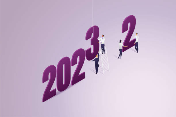 Team of business people help each other turn 2022 into 2023 Team of business people help each other turn 2022 into 2023 together.  isometric vector illustration. 2023 2022 stock illustrations