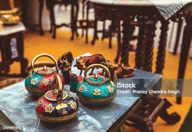 Traditional Indian Colourful Tea Pots On Display At A Store Stock Photo - Download Image Now