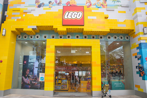Singapore Jan 08 2022: Shop front of Lego Store in Sentosa, Singapore. It is the largest Lego Store in South East Asia.