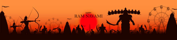 Vector illustration of Lord Rama with bow arrow for Shree Ram Navami celebration. Vector illustration of Lord Rama with bow arrow for Shree Ram Navami celebration. Background for Ramleela ground. Rama Navami ramayana stock illustrations