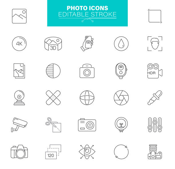 사진 아이콘 편집 가능한 스트로크. 카메라와 같은 아이콘이 포함되어 있습니다 - 사진 장비, 사진 테마, 카메라 액세서리 - lens camera photography photograph stock illustrations