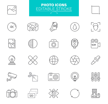 Photography Icons, Simple vector line Icons. Editable stroke. Pixel perfect.
