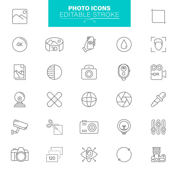 Photo Icons Editable Stroke. Contains such icons as  Camera - Photographic Equipment, Photography Themes, Camera Accessories vector art illustration
