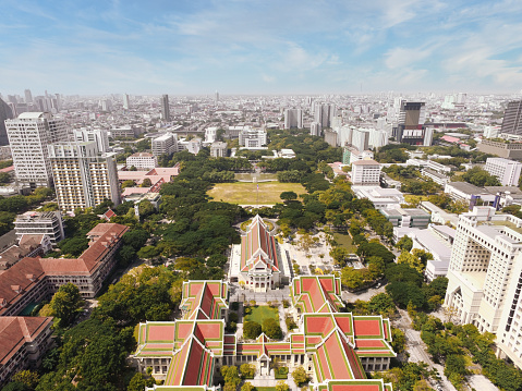 Aerial view of Chulalongkorn University in the heart of Bangkok in the business district in Thailand. big city of asia