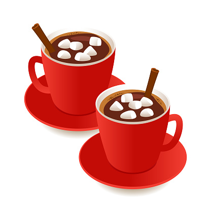 Two cups with hot chocolate isolated on a white background.