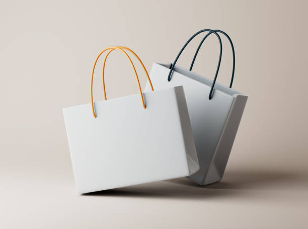 dos bolsas de papel blanco simples en el piso 3d render ilustración. - shopping bag white isolated blank fotografías e imágenes de stock