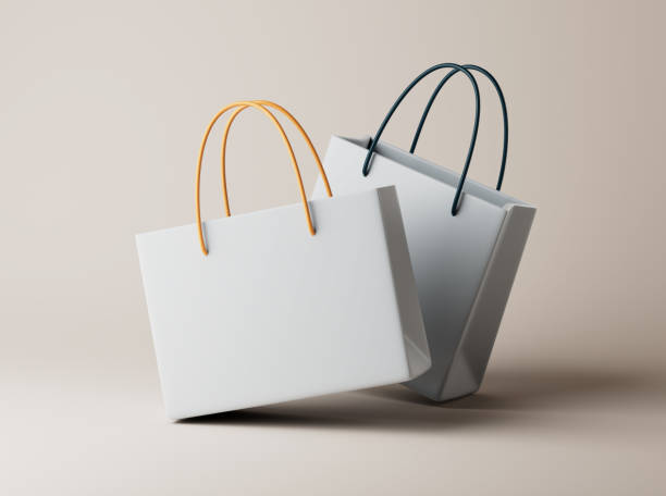 proste dwie białe torby papierowe na podłodze 3d renderują ilustrację. - shopping bag white isolated blank zdjęcia i obrazy z banku zdjęć