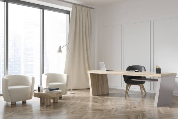 istock White wooden executive office with seating area 1364912804