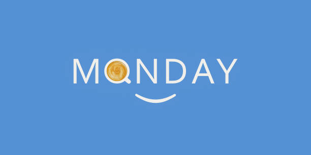 ilustrações, clipart, desenhos animados e ícones de segunda-feira com xícara de café e sorriso simbólico no fundo azul. - monday