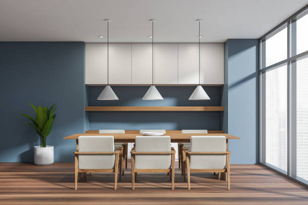 istock Bright meeting room interior with six armchairs, table, shelves 1364915228