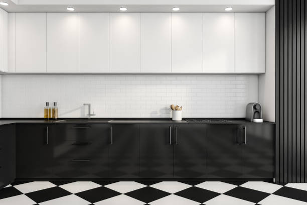 istock White and black kitchen set interior with shelves and appliances, tiled floor 1364915305