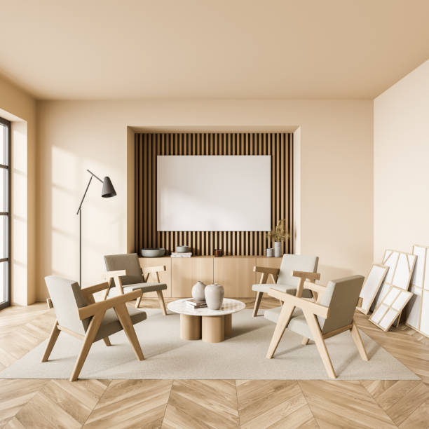 istock Light living room interior with armchairs and coffee table, mockup poster 1364916282