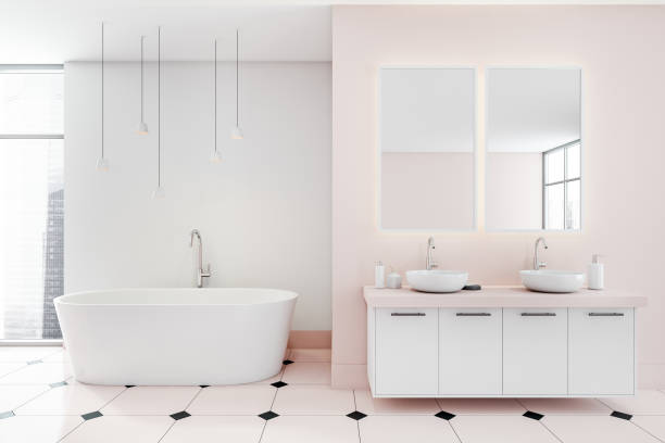 istock Light bathroom interior with bathtub, sinks with mirror and panoramic windows 1364916355