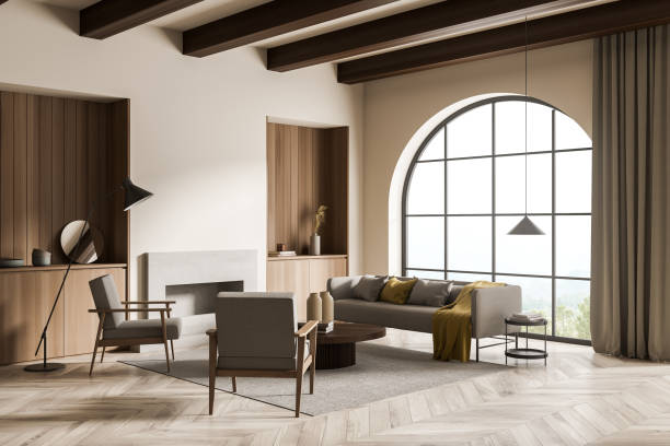 istock Arch window in modern beige living room. Corner view. 1364916651