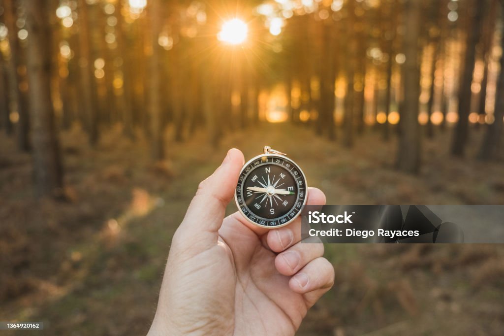 a hand holding a compass seeking orientation in the forest at sunset a hand holding a compass seeking orientation in the forest at sunset. Concept of orientation and leadership Navigational Compass Stock Photo