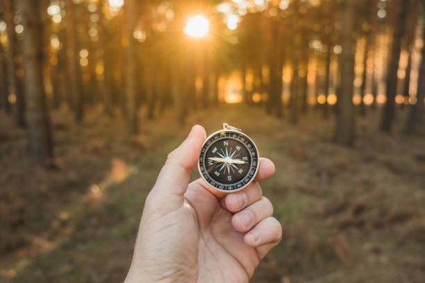 a hand holding a compass seeking orientation in the forest at sunset a hand holding a compass seeking orientation in the forest at sunset. Concept of orientation and leadership navigational compass stock pictures, royalty-free photos & images