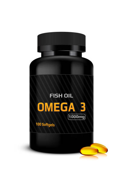 illustrazioni stock, clip art, cartoni animati e icone di tendenza di olio di pesce, design della bottiglia omega 3, modello vettoriale su uno sfondo semplice - fish oil illustrations