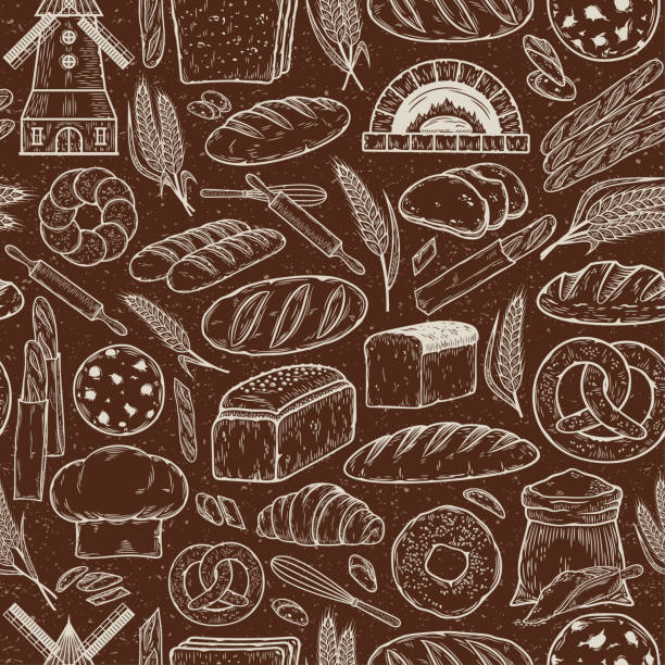 복고풍 스타일의 베이커리 매끄러운 패턴 - baguette stock illustrations