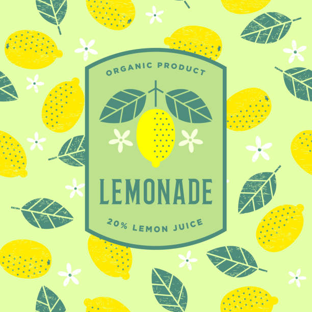 ilustrações de stock, clip art, desenhos animados e ícones de lemonade drink emblem. lemonade label. yellow lemon with leaves and flowers on a green badge with seamless pattern. - healthy eating food and drink nutrition label food