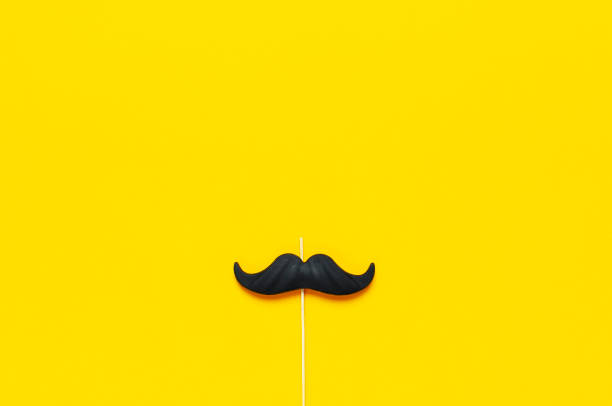 Black mustache, props for photo booths, carnival, parties on yellow background top view flat lay copy space. Father's day, Creative party decoration concept. Men's health awareness month. bigote negro, accesorios para cabinas de fotos, carnaval, fiestas sobre fondo amarillo vista superior plano espacio de copia de colocación. día del padre, concepto creativo de decoración de fiestas. mes de concientización sobre la salud de los hombres