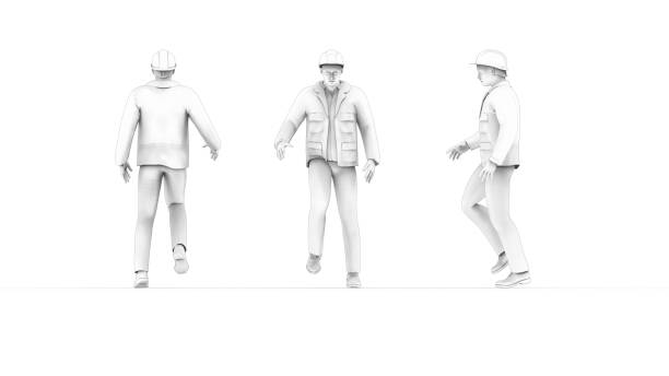 3D rendering of a hard hat worker with protective clothes uniform from front side and back isolated.
