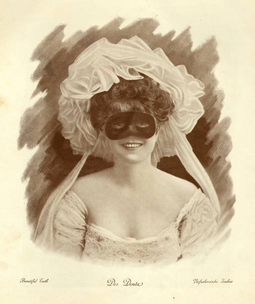 마스크를 쓰고 있는 젊은 여성, 사랑스러운 이빨, 빅토리아 시대, 19세기 - beautiful beauty happiness old fashioned stock illustrations