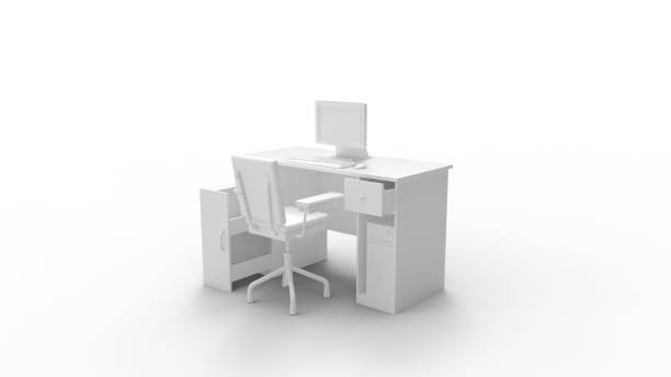 istock 3D rendering of an office desk working place isolated on white empty background 1364927609