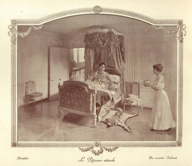 Vintage illustration after a photograph of a Maid bringing a young woman breakfast in bed, 19th Century