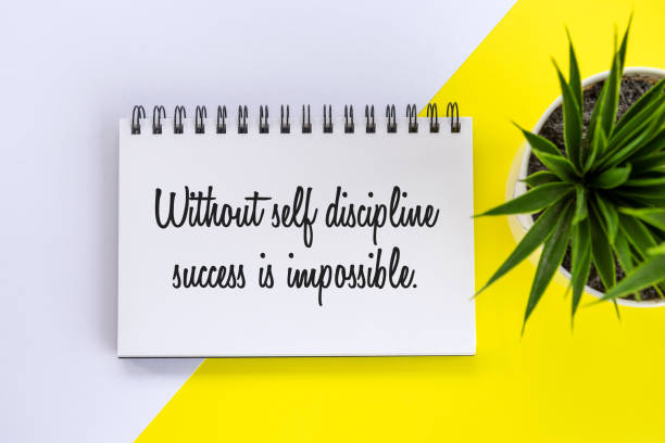 Self Discipline text concept on spiral book with plant on white and yellow table background.