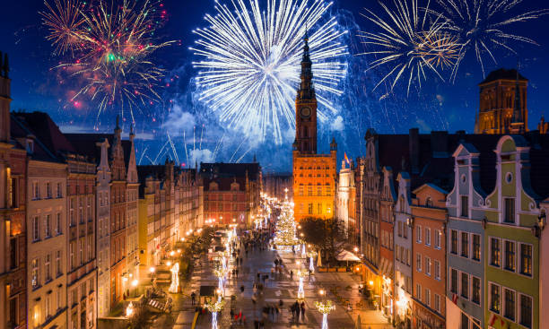 Fireworks display over the old town in Gdansk stock photo