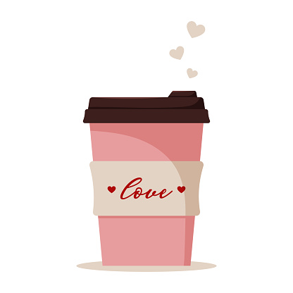 Pink coffee cup. Disposable paper or plastic cup with Valentine's Day design. Vector illustration in flat cartoon style.