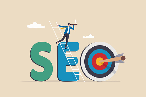 SEO, search engine optimization to drive traffic or visitor to website, improve search result ranking gain more visibility concept, businessman climb up ladder on the word SEO with arrow hit target.
