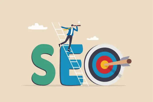 Vector illustration of SEO, search engine optimization to drive traffic or visitor to website, improve search result ranking gain more visibility concept, businessman climb up ladder on the word SEO with arrow hit target.