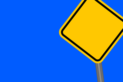 Warning in a yellow sign on blue sky background. vector illustration
