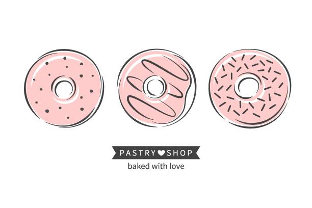 P A S T R Y S H O P 06 Pastry and bread shop. Donuts different. Vector illustration for logo, menu, recipe book, baking shop, cafe. donuts stock illustrations