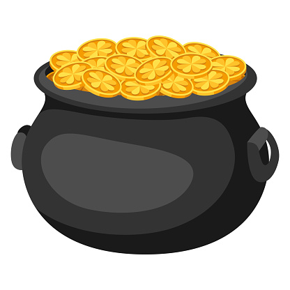 Saint Patricks Day illustration. Pot with gold coins. Irish festive national items.