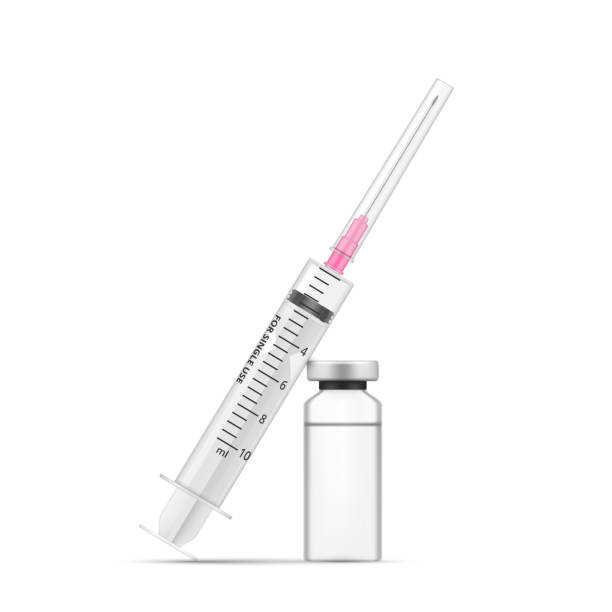 Syringe with vaccine bottle realistic vector illustration. Coronavirus treatment, botox, fillers Syringe with vaccine bottle realistic vector illustration. Coronavirus treatment, botox, fillers, injection, hyaluronic acid, drug ampule. Vaccination pharmaceutical medical immunity cure 3d template botox bottle stock illustrations